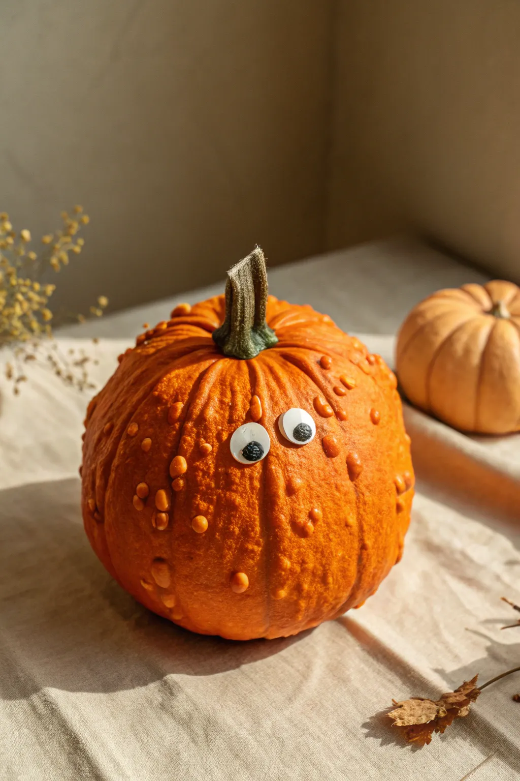 Cute warty pumpkin with big monster eyes, minimalist setup, perfect for playful painting inspiration.