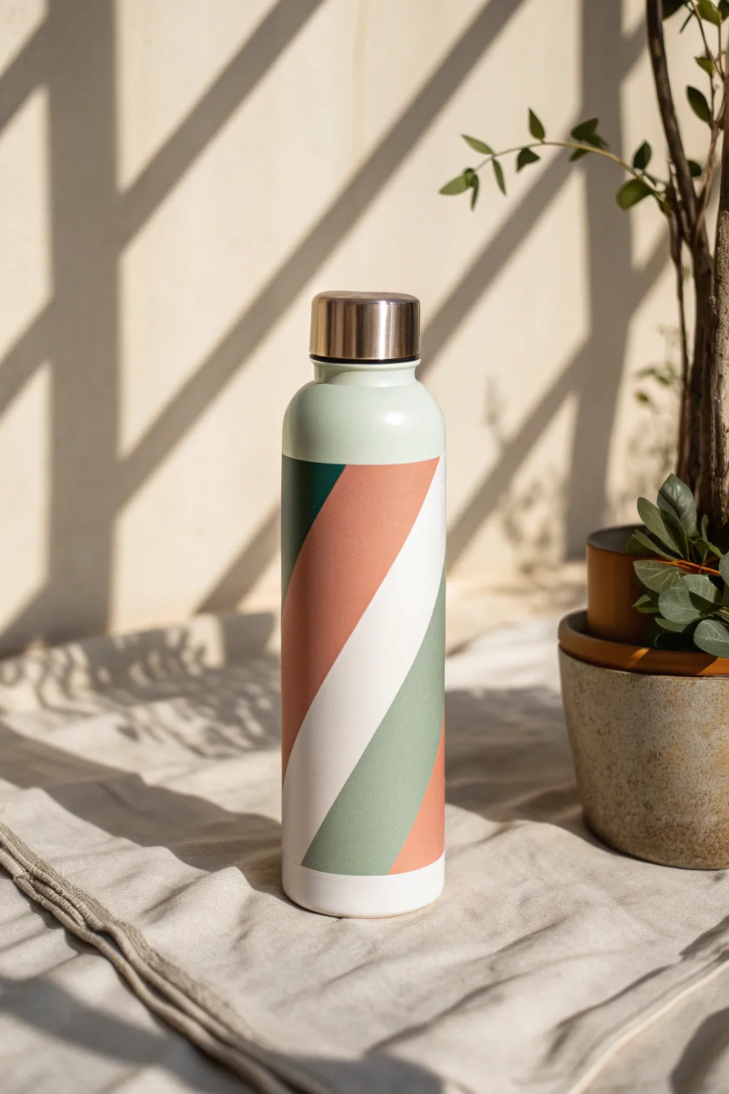 Geometric color block striped water bottle DIY in soft neutrals with crisp taped edges