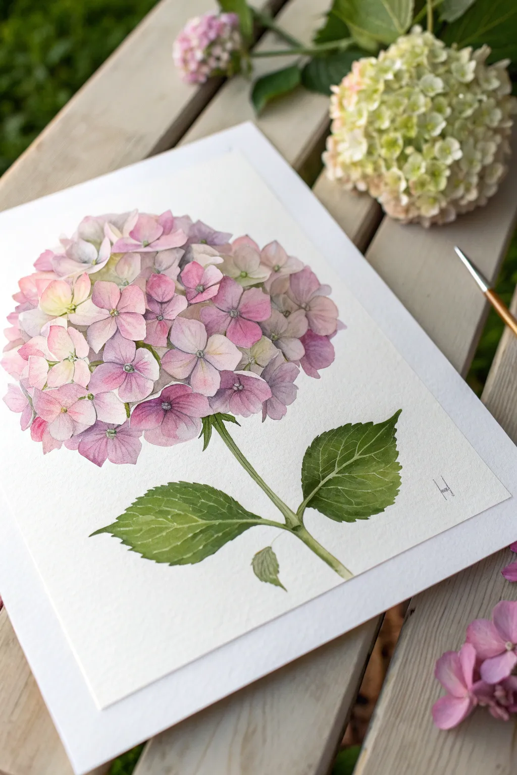 Hydrangea dome in watercolor, built from tiny four-petal blooms in pink to violet washes