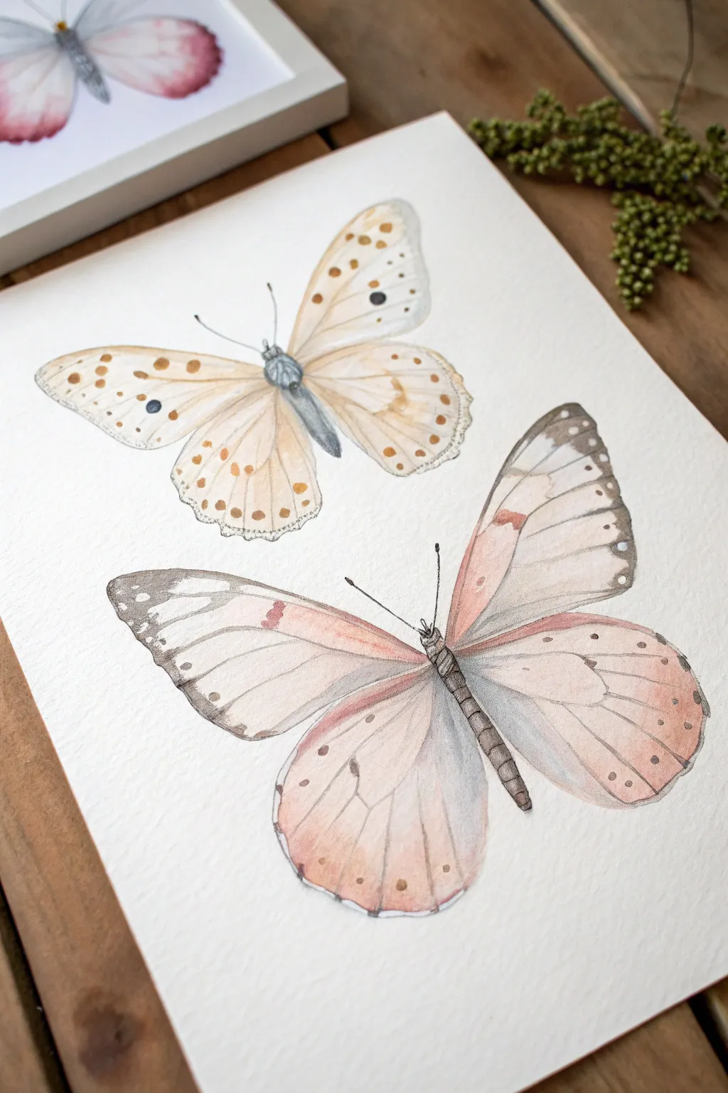 Delicate watercolor butterflies with airy transparent washes and crisp ink-like details.