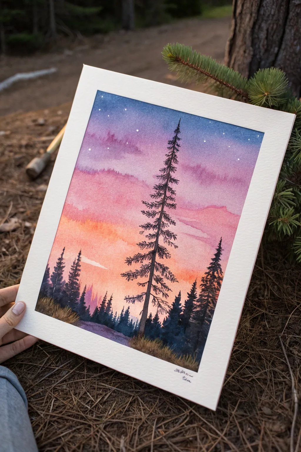 Bold pine silhouettes over a dreamy sunset wash, a minimalist watercolor landscape idea.