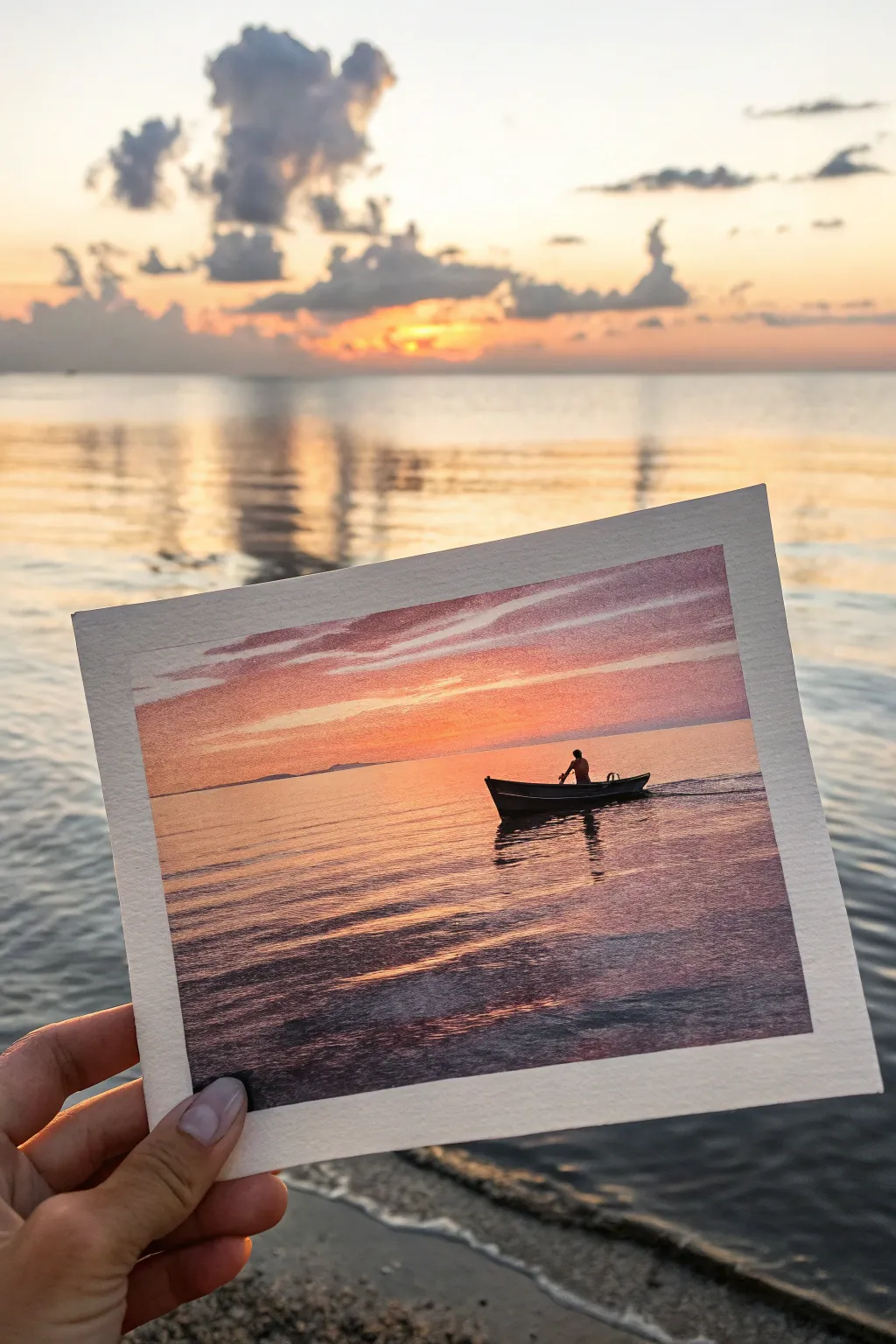 Minimal sunset watercolor: a lone boat silhouette on a ribbon of golden light at dusk