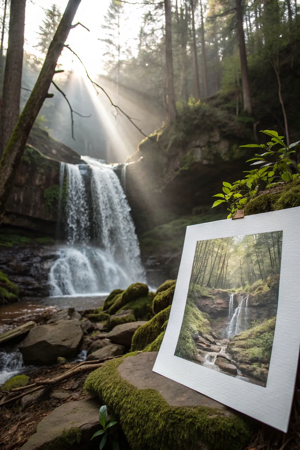 Angled sunbeams and soft mist turn this woodland waterfall study into a glowing, moody focal point.