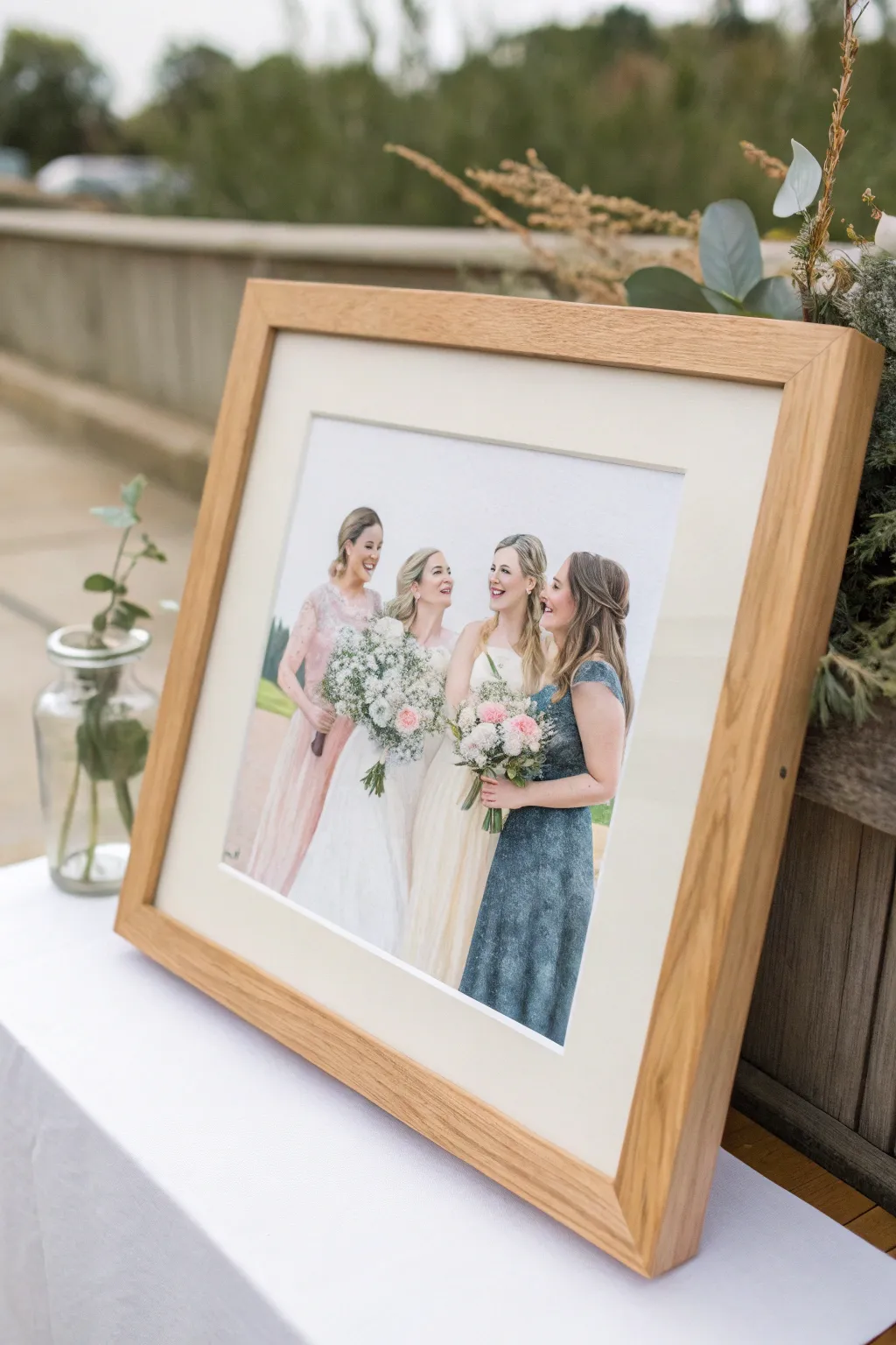 Joyful bridal party group painting gift in soft minimalist boho tones for lasting wedding memories