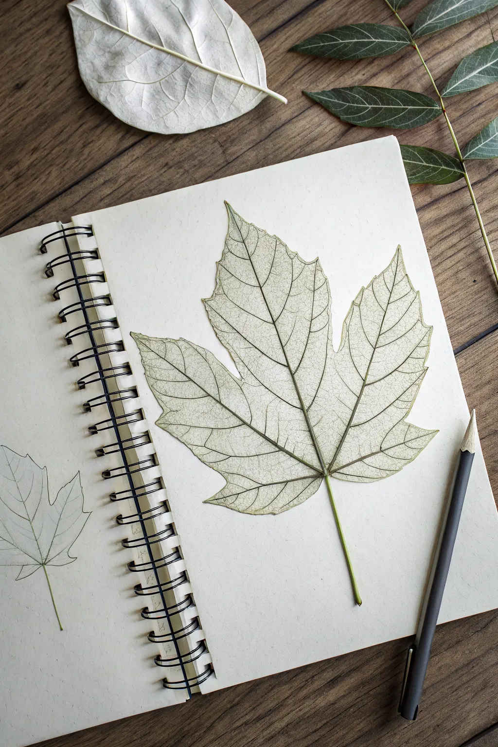 Leaf vein and edge study with one bold centerpiece leaf and small angle sketches for practice