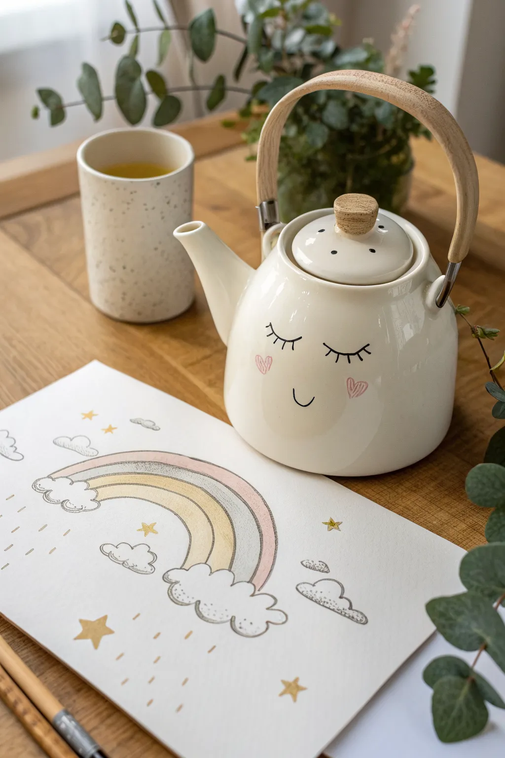 Dreamy tea kettle pouring cloud ribbons into a soft rainbow, an easy whimsical drawing idea