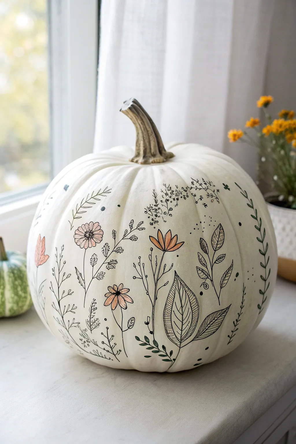 Airy wildflower doodles on a white pumpkin, minimalist boho style with bright window light.
