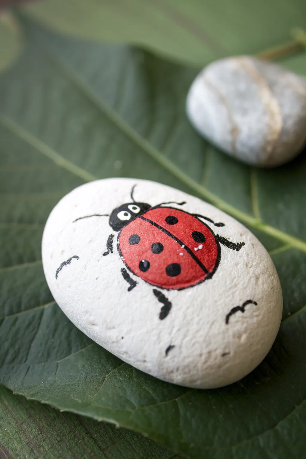Classic red ladybug on a crisp white stone, styled on deep green for clean garden contrast