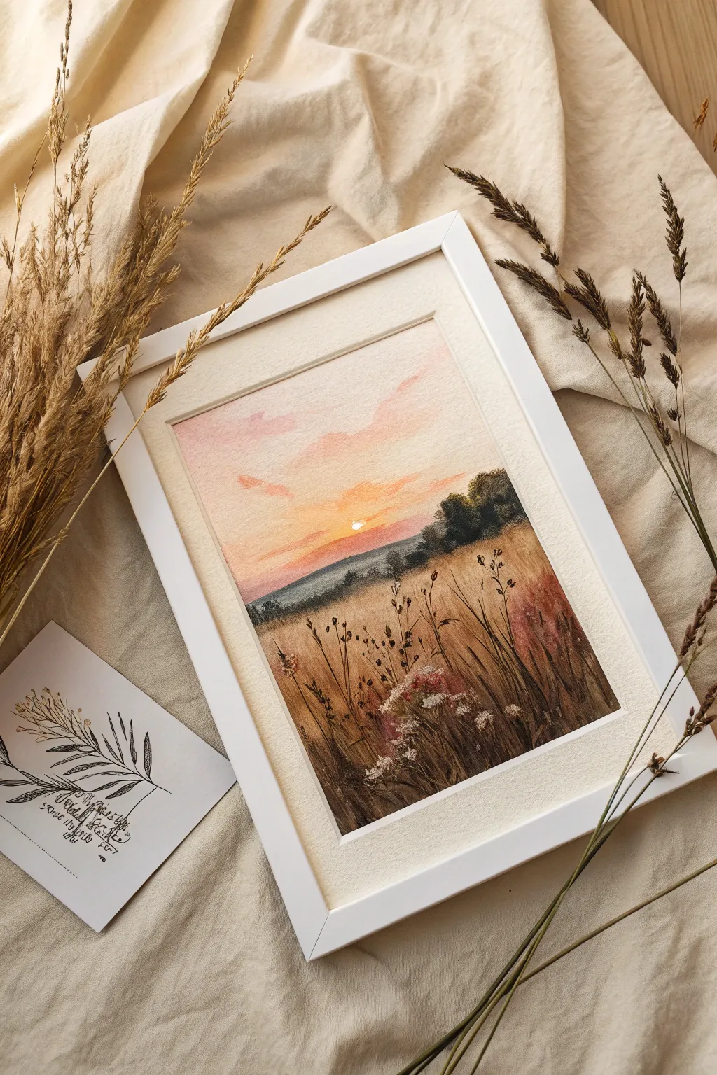 Sunset wildflower field in warm neutrals, with bold silhouettes and a calm gradient sky