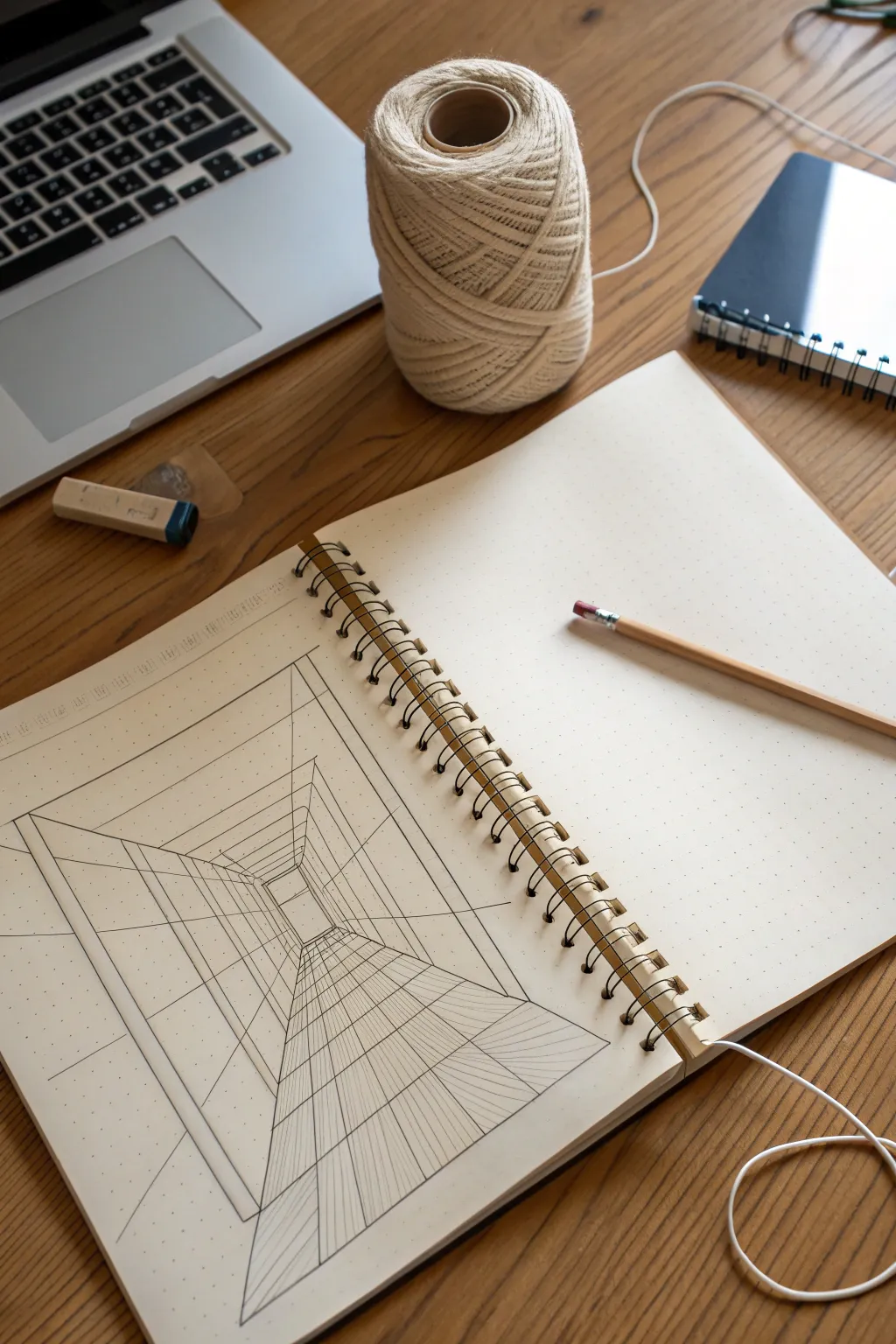 One point perspective room drawing with a looping cord path and bold shadows for depth