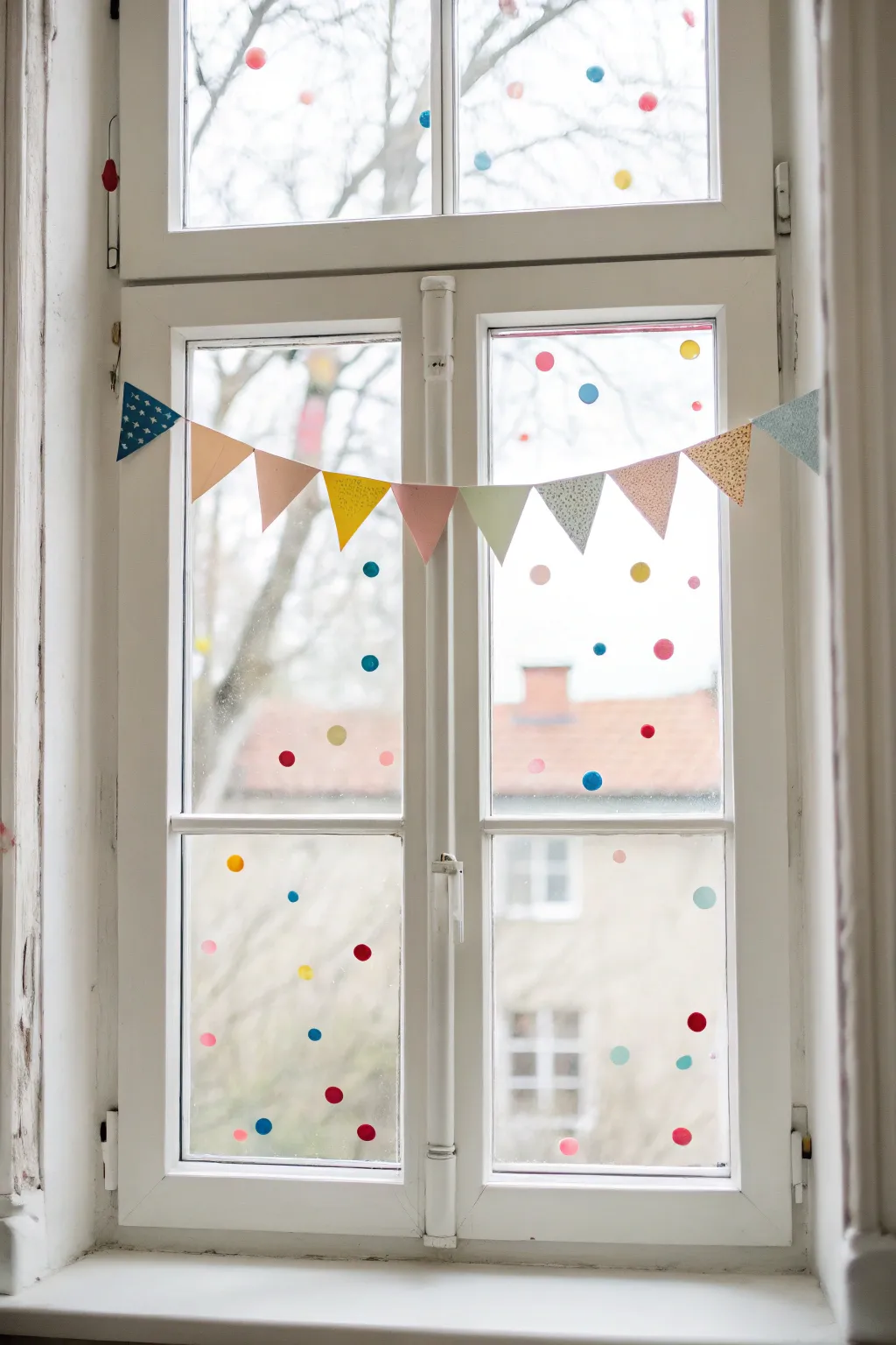 Minimal birthday window art with confetti dots and a blank banner ready for any name