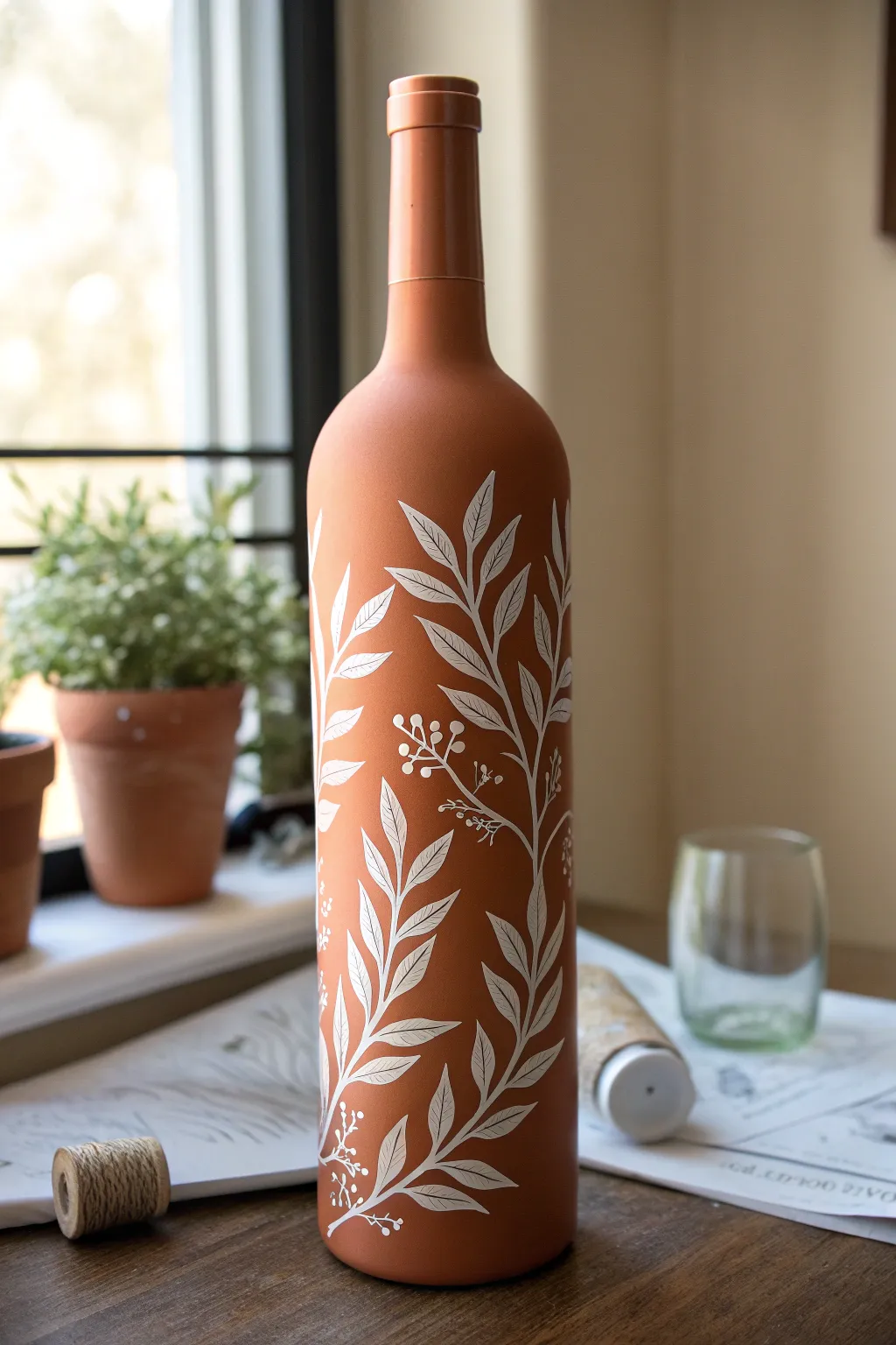 Crisp stencil silhouettes on a matte wine bottle, with a peek of tape for easy DIY clarity.