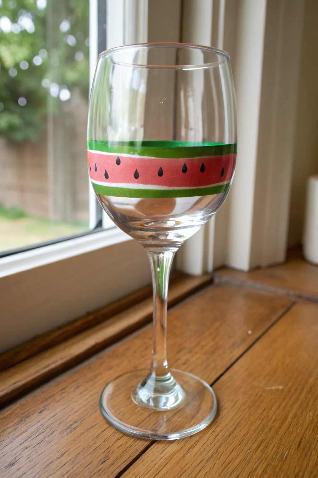 Graphic watermelon color blocking on a single wine glass for a bold, playful DIY look