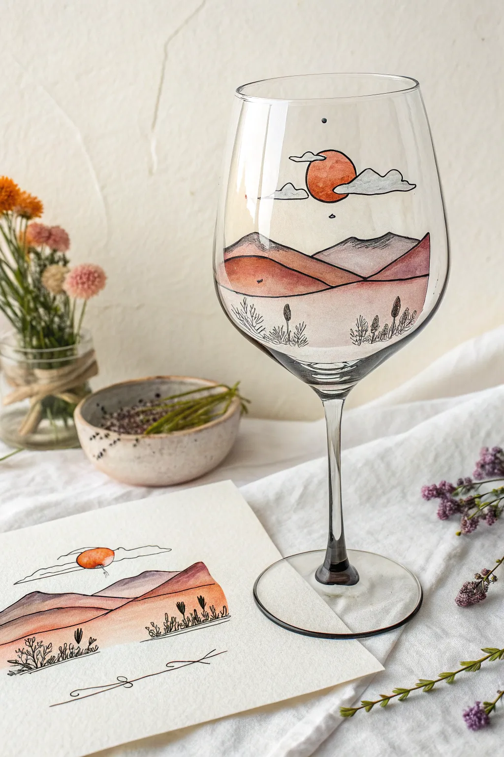 Minimalist wine glass silhouette holding a tiny sunset landscape, perfect for dreamy wine painting ideas