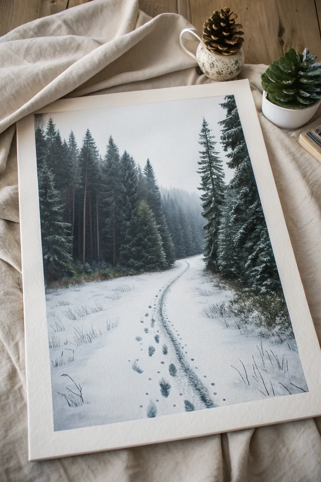 Capture the serene beauty of a snowy forest path this winter.