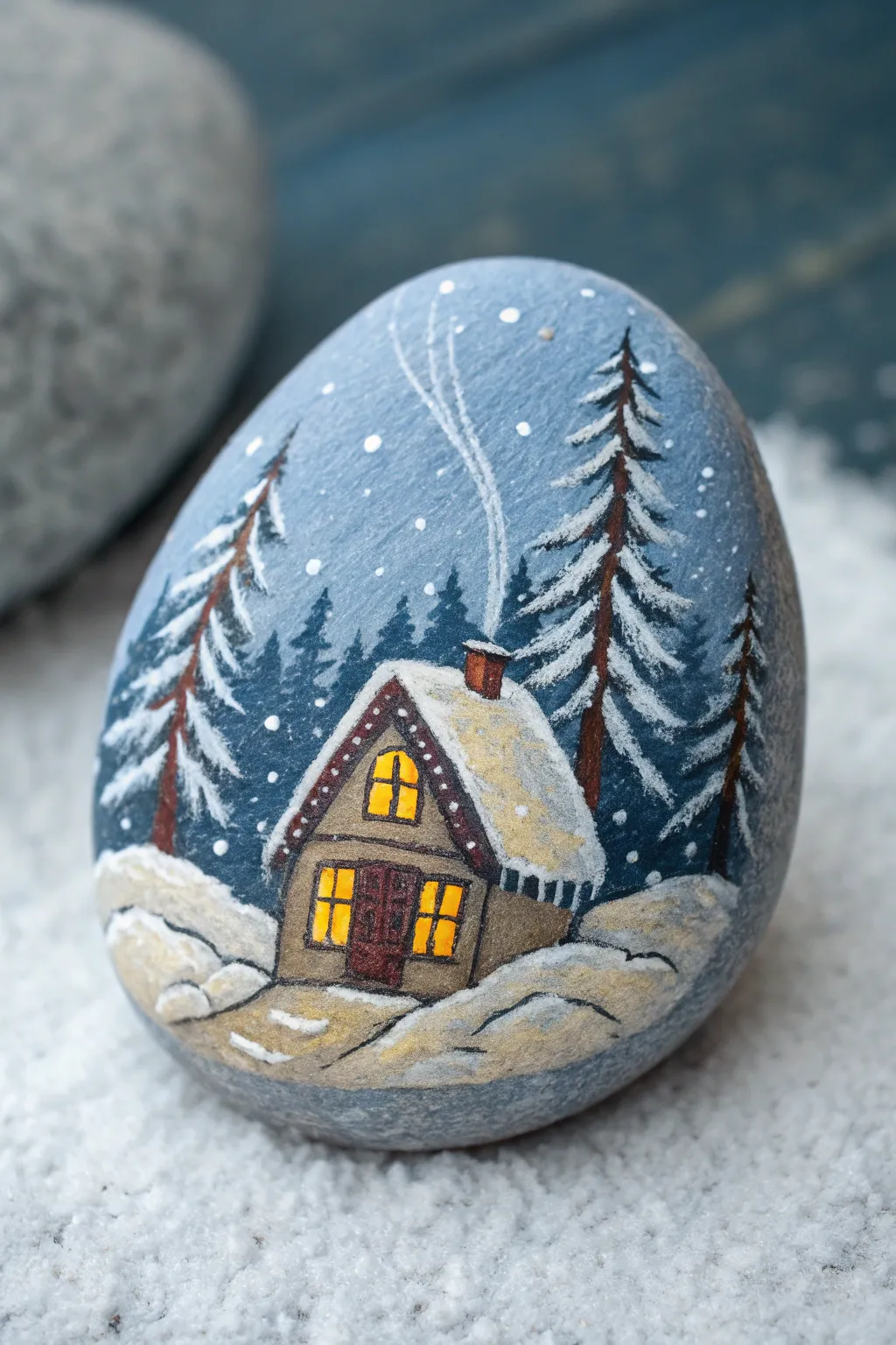 Cozy cabin rock painting with glowing windows, crisp snowy pines, Scandinavian minimal styling.
