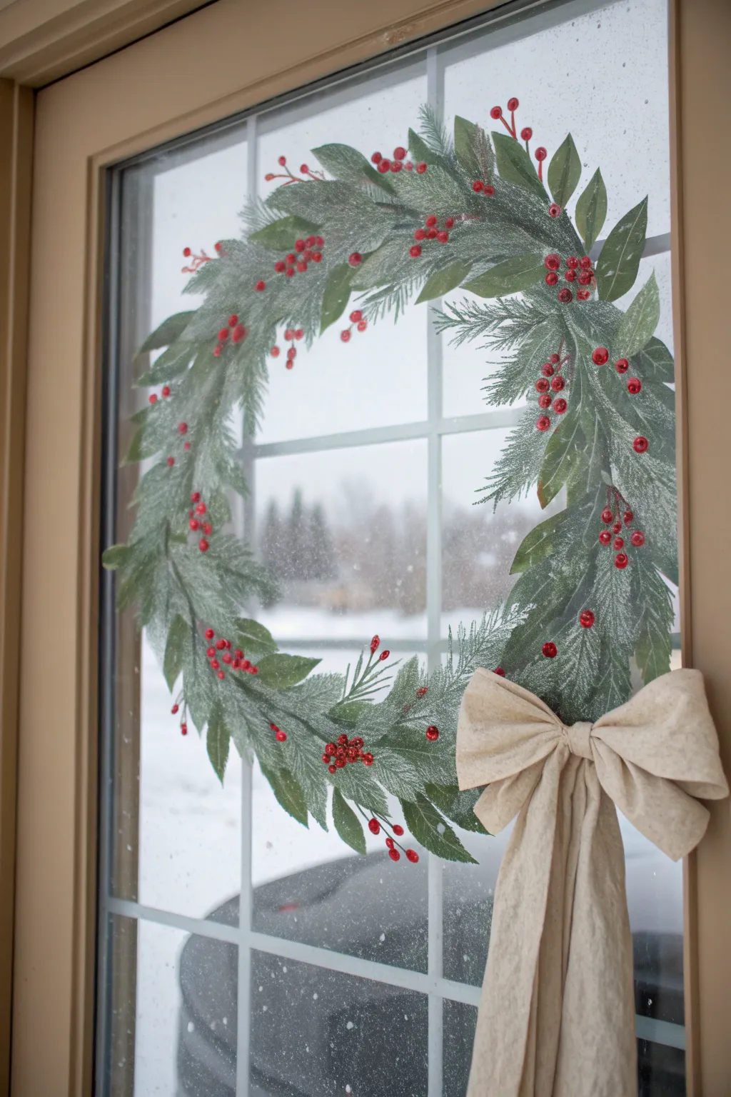 Paint a cozy winter wreath on glass with berries, a bow, and soft snowflakes for sparkle