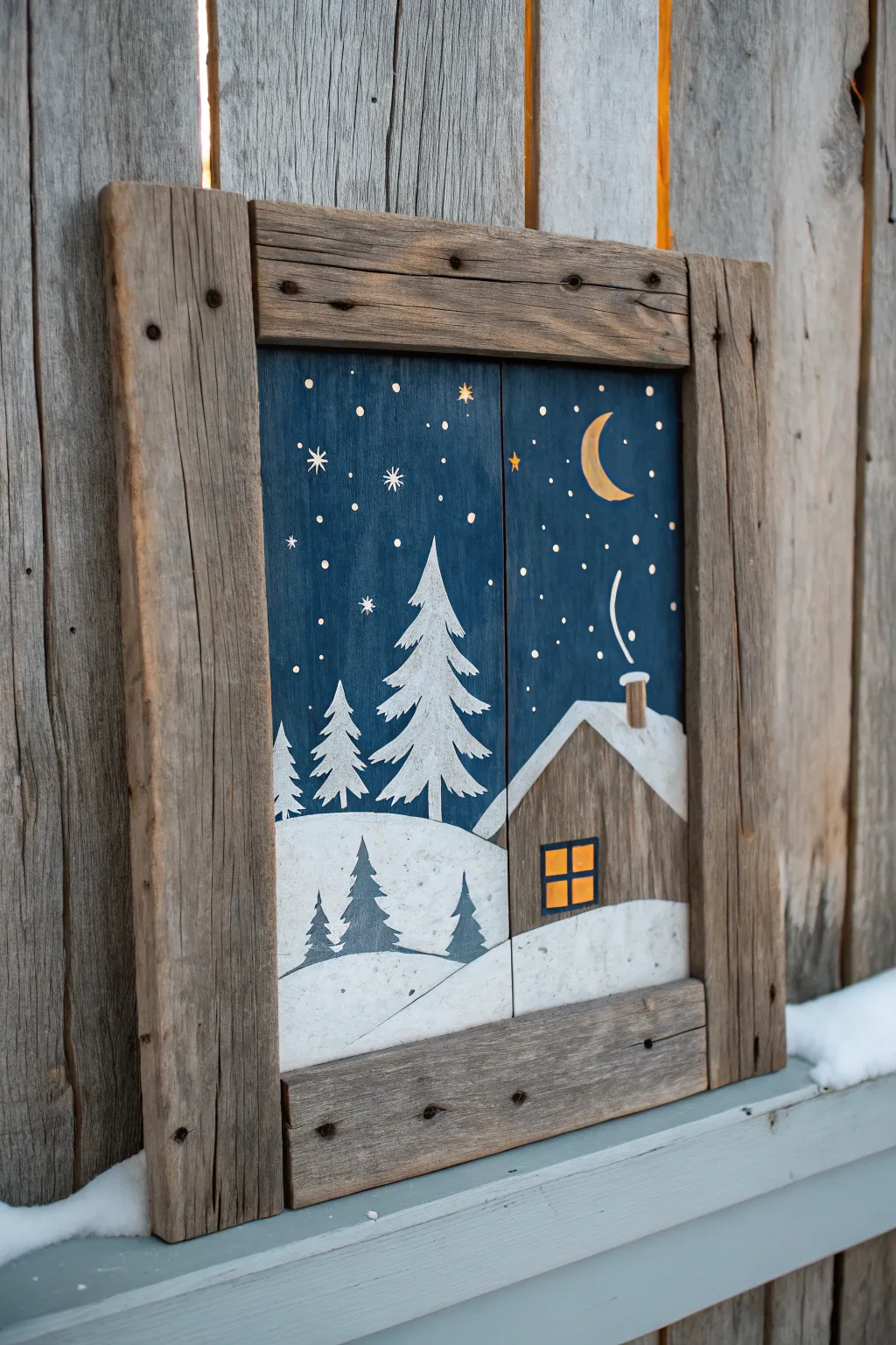 Cozy winter cabin glow on reclaimed boards, minimalist and rustic with high-contrast charm