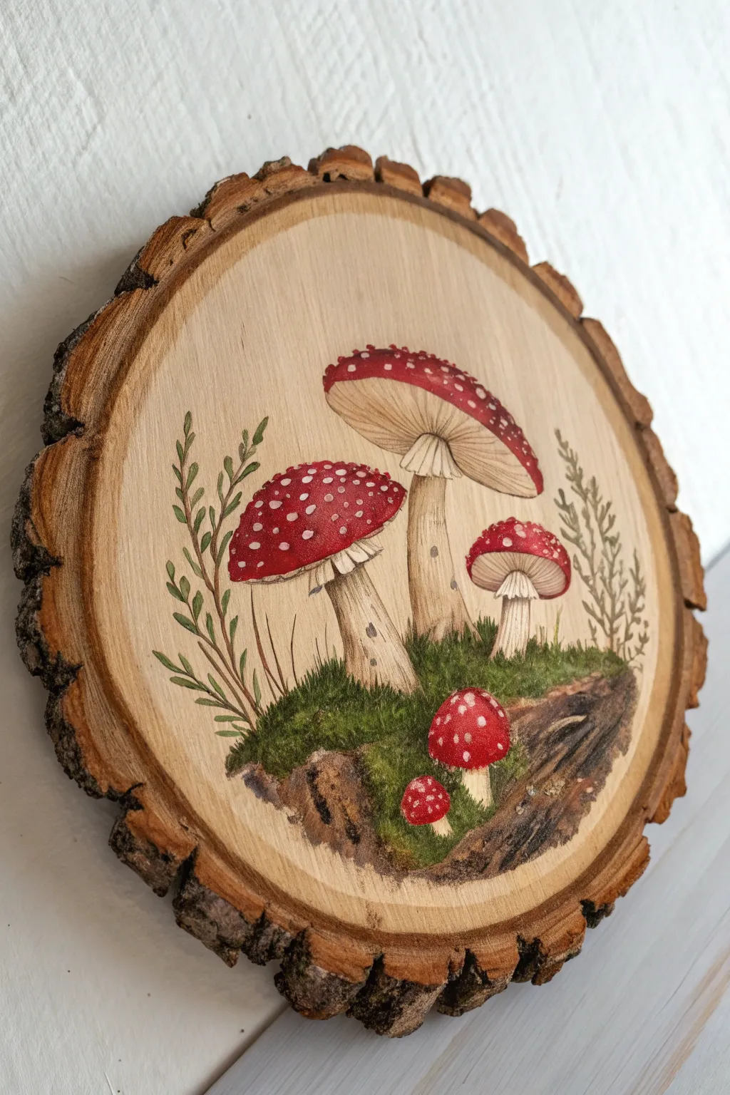 Cozy forest mushrooms on a rustic wood circle, Scandinavian-boho and beginner friendly
