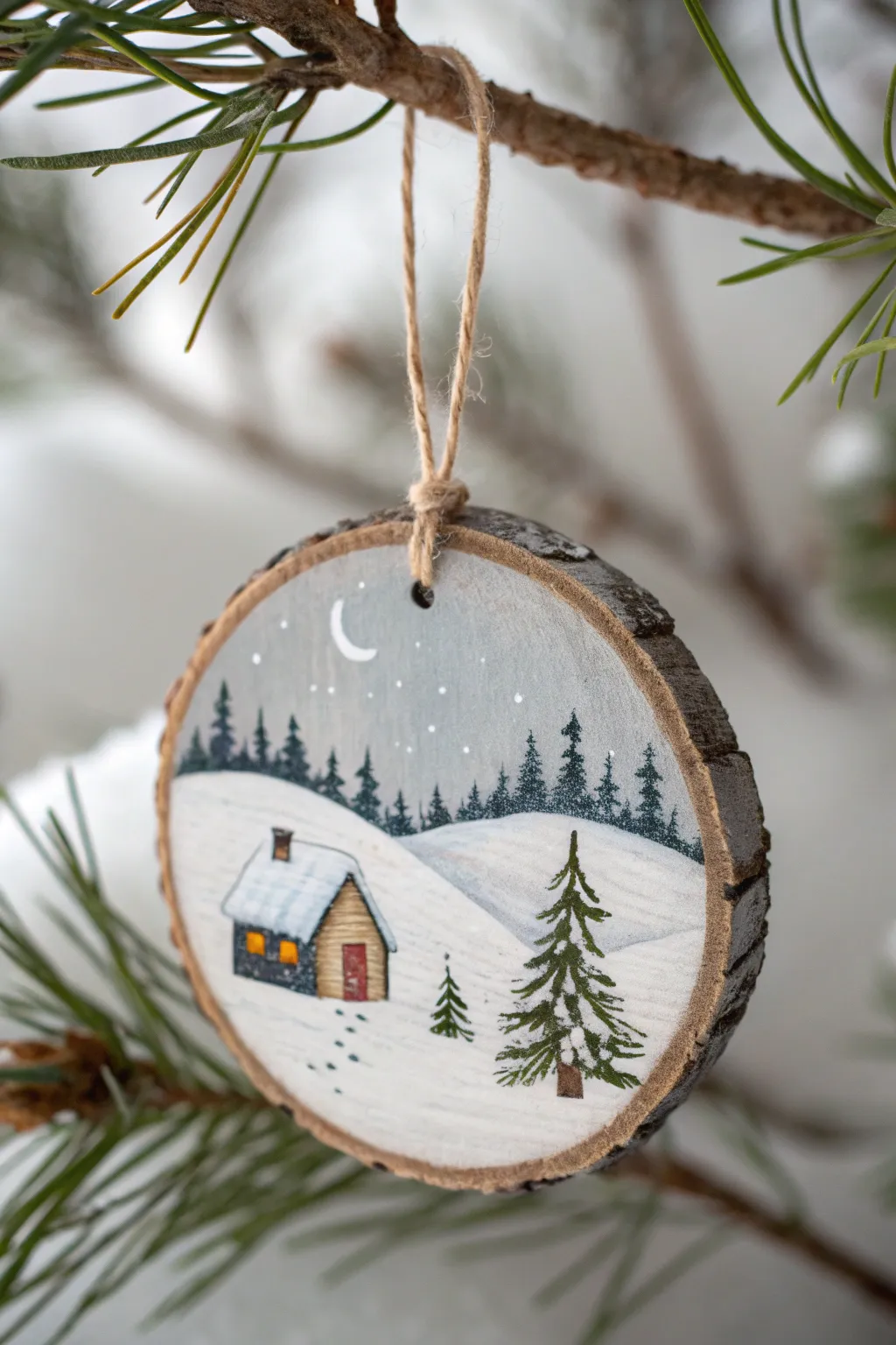 Minimalist winter scene on a wood round ornament, perfect for cozy Scandinavian-inspired crafting