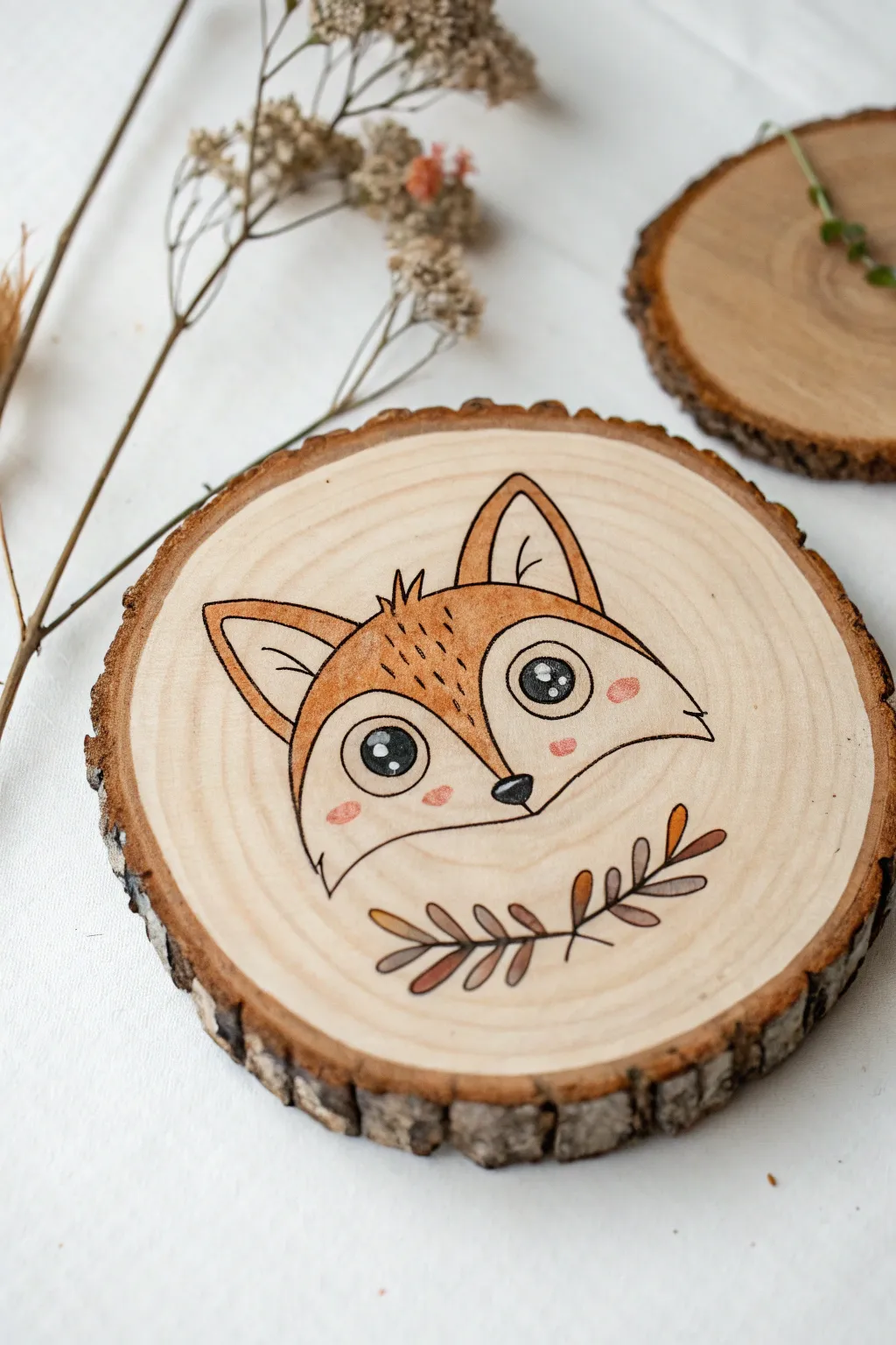 Sweet fox portrait on a wood slice, simple lines and a tiny floral crown for cozy woodland vibes.