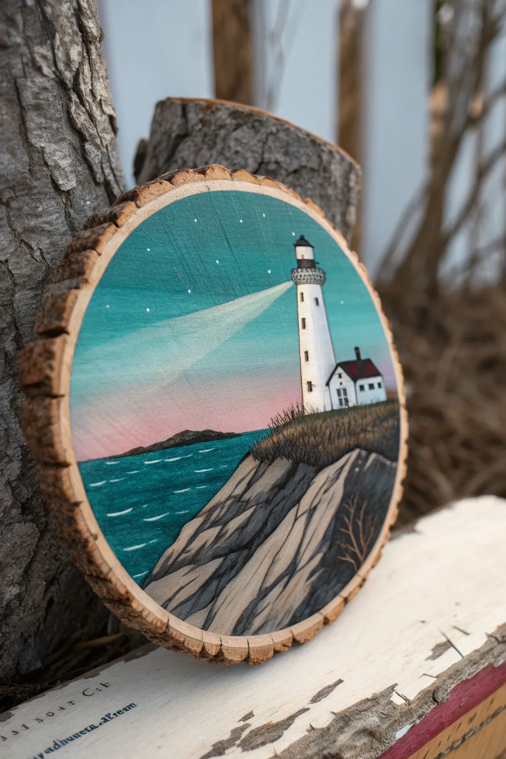 Hand-painted wood slice lighthouse seascape with warm beam of light and rustic bark frame