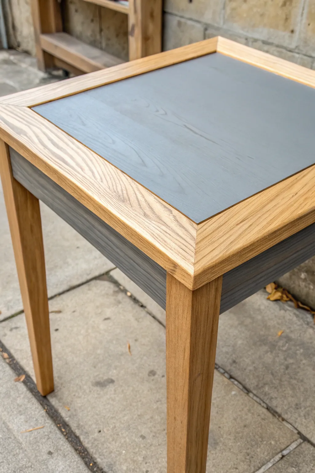 Minimalist wood table with a charcoal painted border for a subtle framed tabletop finish