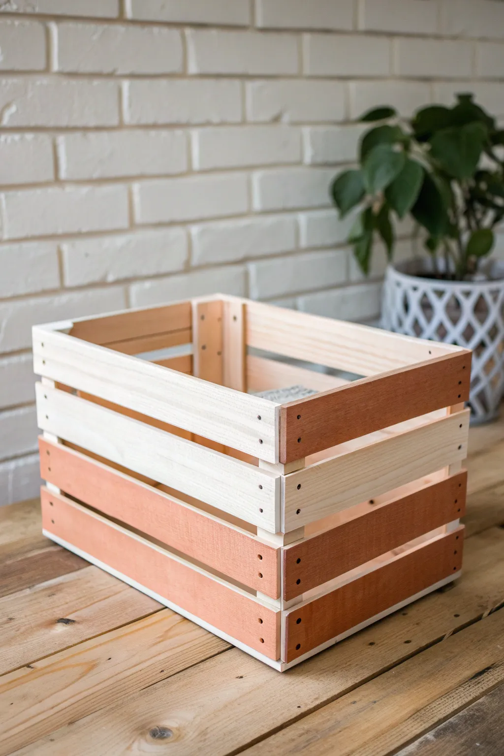 Crisp paint dipped wooden crate with a clean drip line, minimalist studio styling.