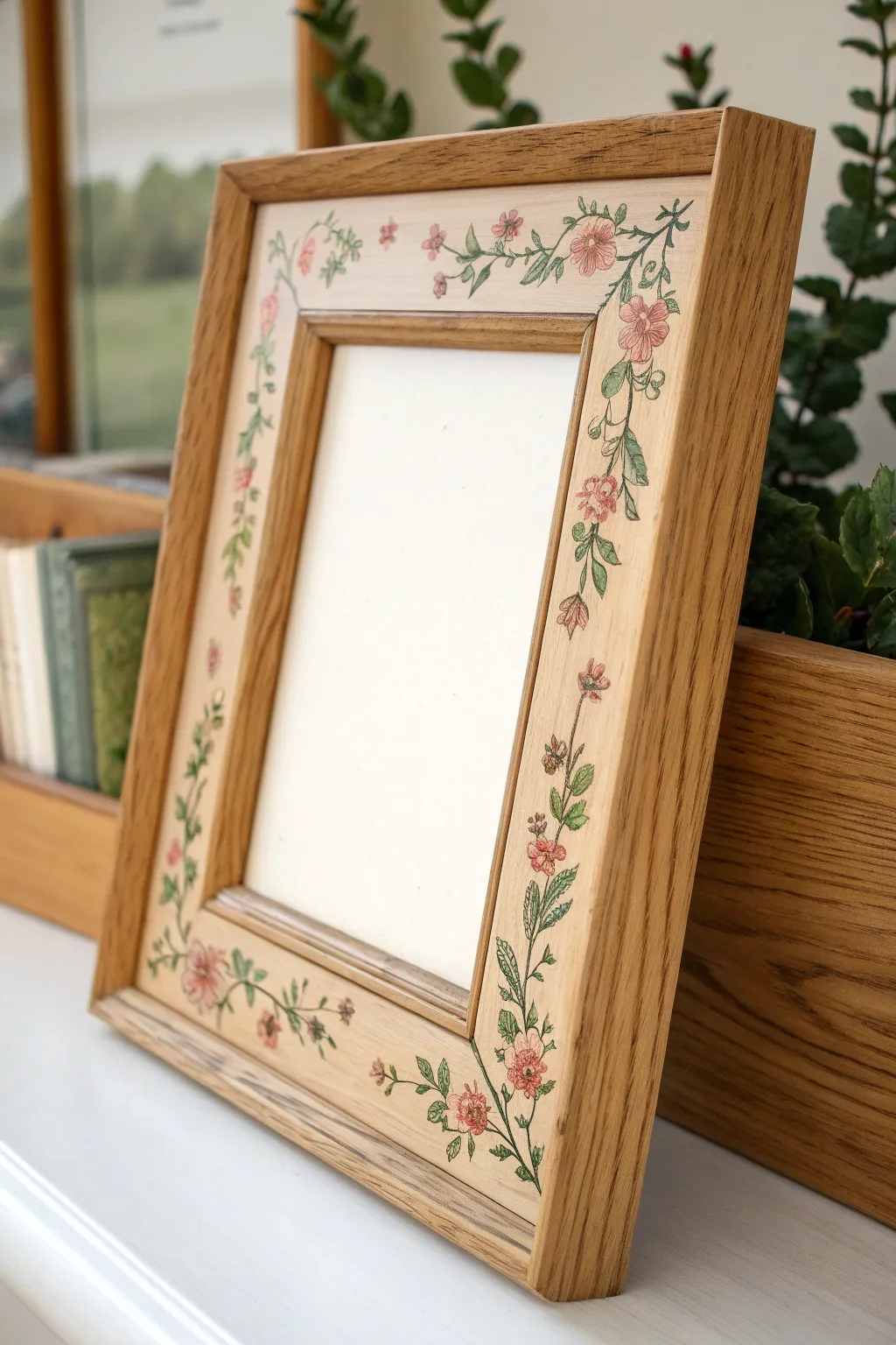 Minimal oak frame with delicate floral corner clusters and visible brushwork, clean and cozy