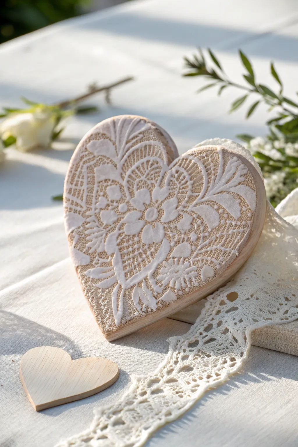 Pale wooden heart with lace paint-resist detail, softly lit in a calm Scandinavian boho mood.