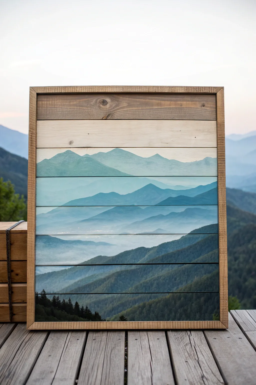 Layered misty mountain landscape painted on pallet slats, minimal Nordic tones with boho texture.