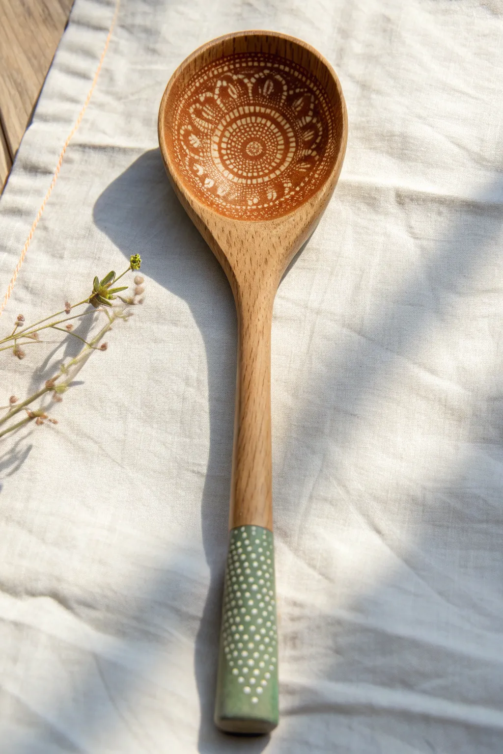 Overhead mandala dot art on a wooden spoon bowl in soft boho-minimal Scandinavian style.