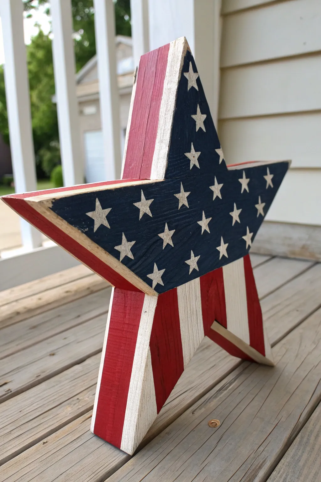 Paint a rustic wooden star in classic red, white, and blue for a clean porch-ready accent.