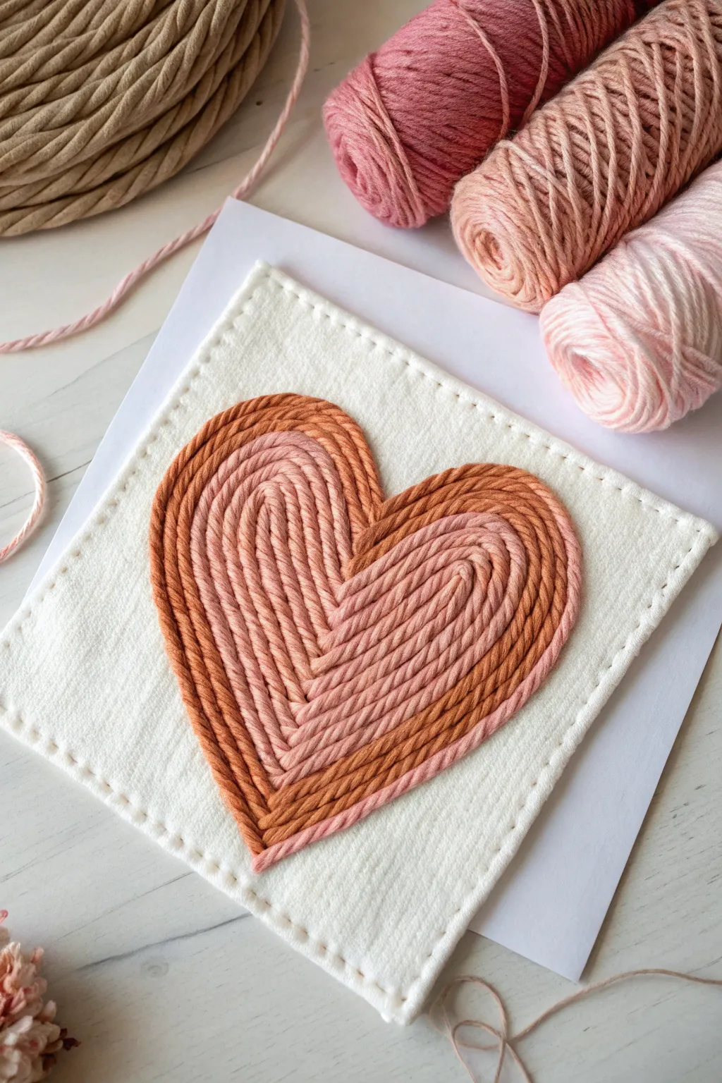 Minimal heart motif yarn painting in two tones, crisp contrast and airy Scandinavian boho styling