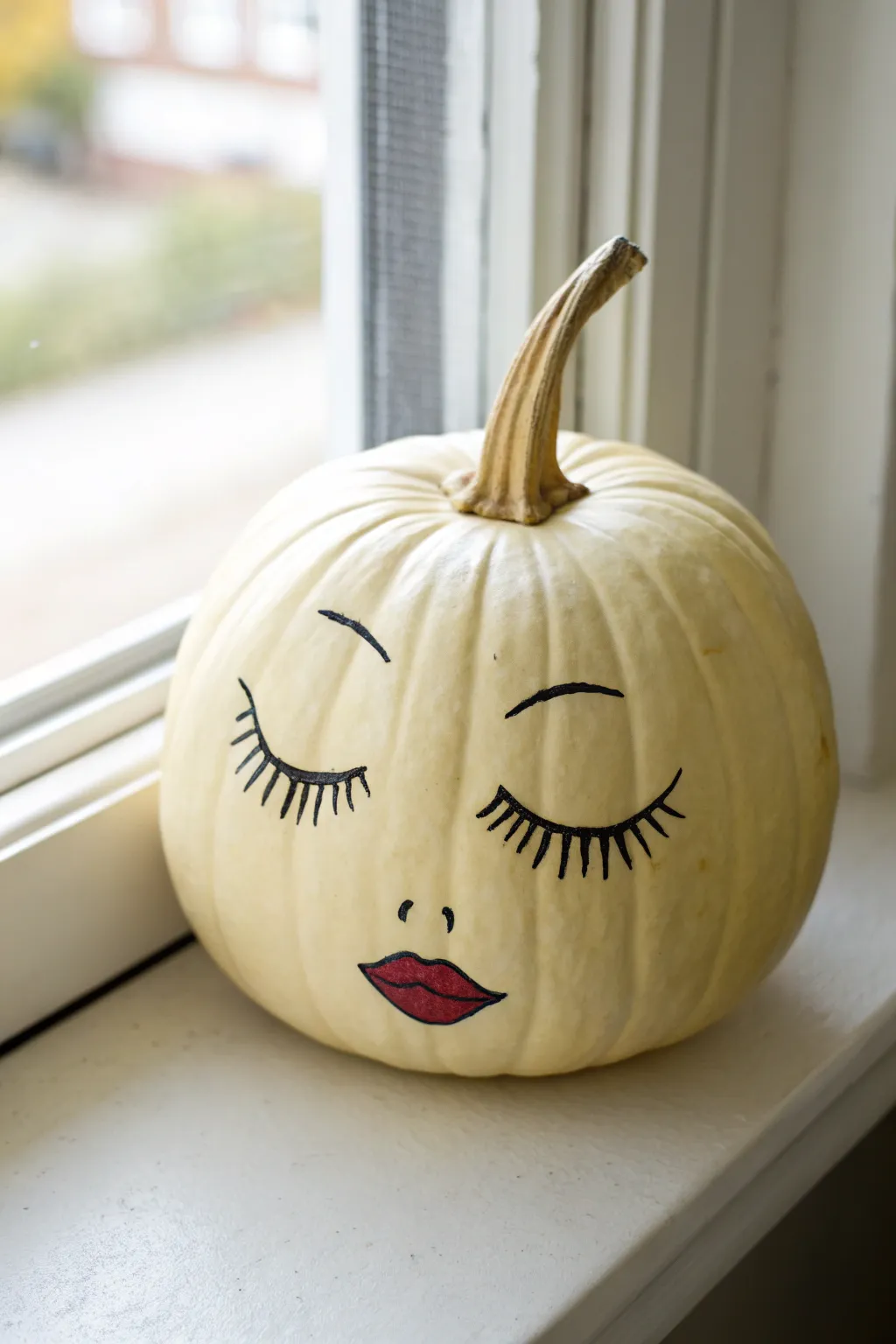 Pale butter yellow pumpkin with glam lashes, minimalist boho charm for cozy fall decor.