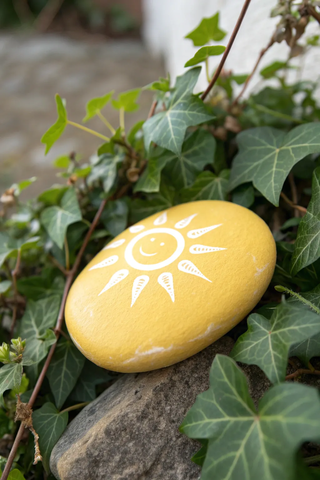 A simple yellow sun rock with crisp rays, framed by fresh greenery for bold contrast.