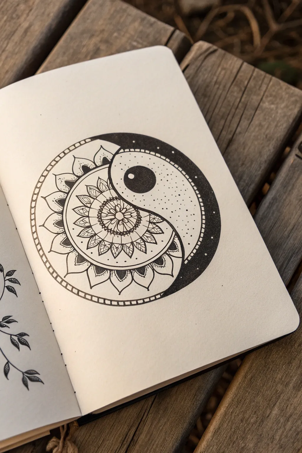 Yin yang with mandala petals on one half and bold solid ink on the other for striking contrast