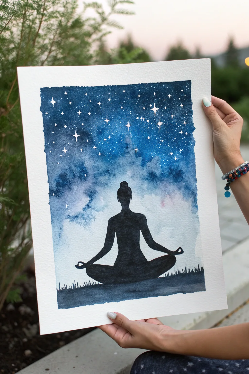 Minimal yoga silhouette beneath an indigo galaxy wash with star splatter and a soft nebula swirl