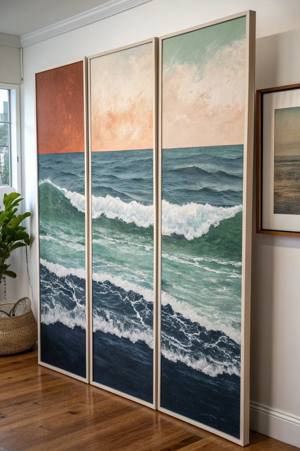 Three-panel palette split: one motif, three bold hues for an elegant minimalist painting idea