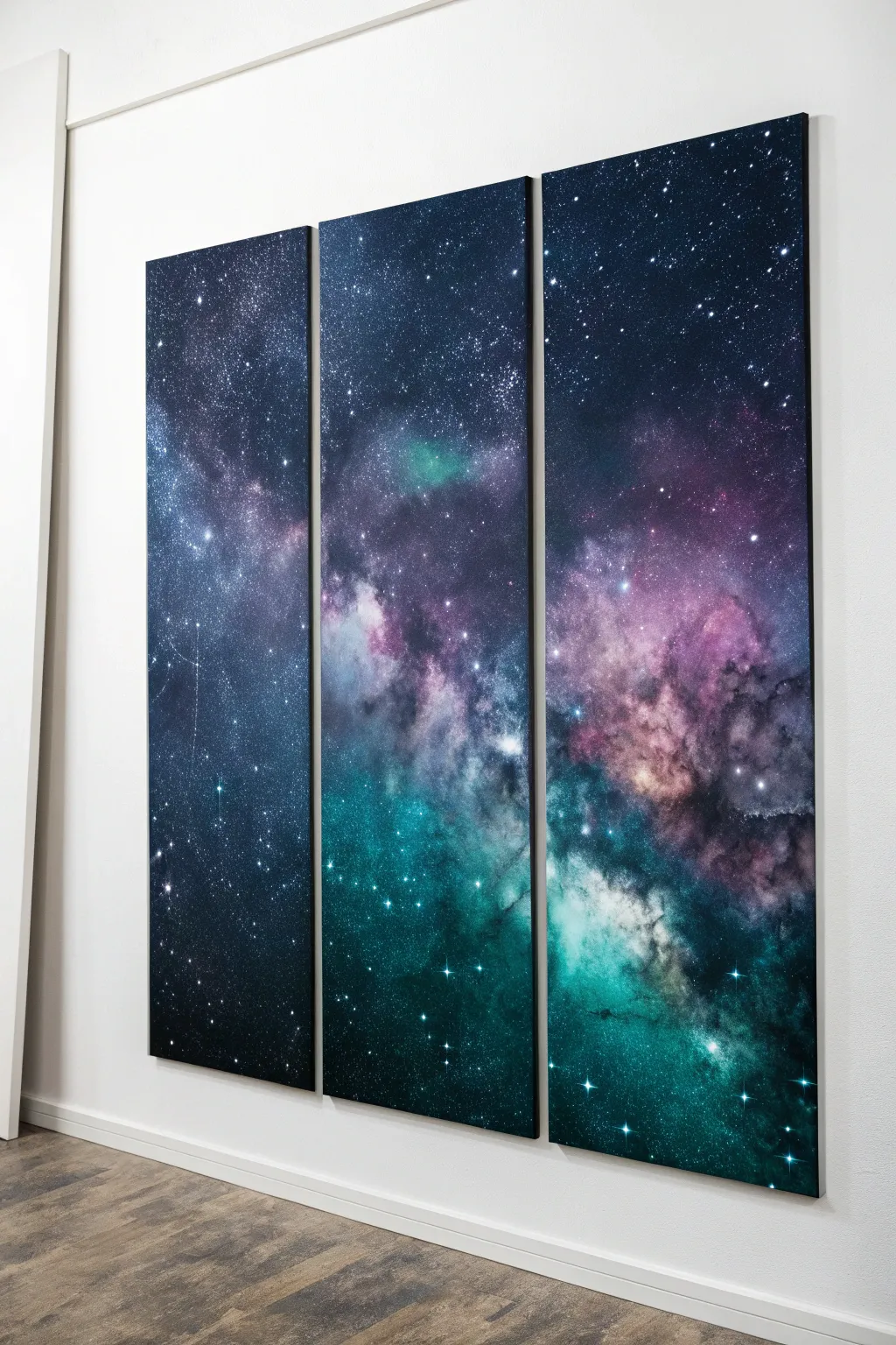 Dreamy galaxy triptych: swirling nebula and seamless star splatter across three panels.