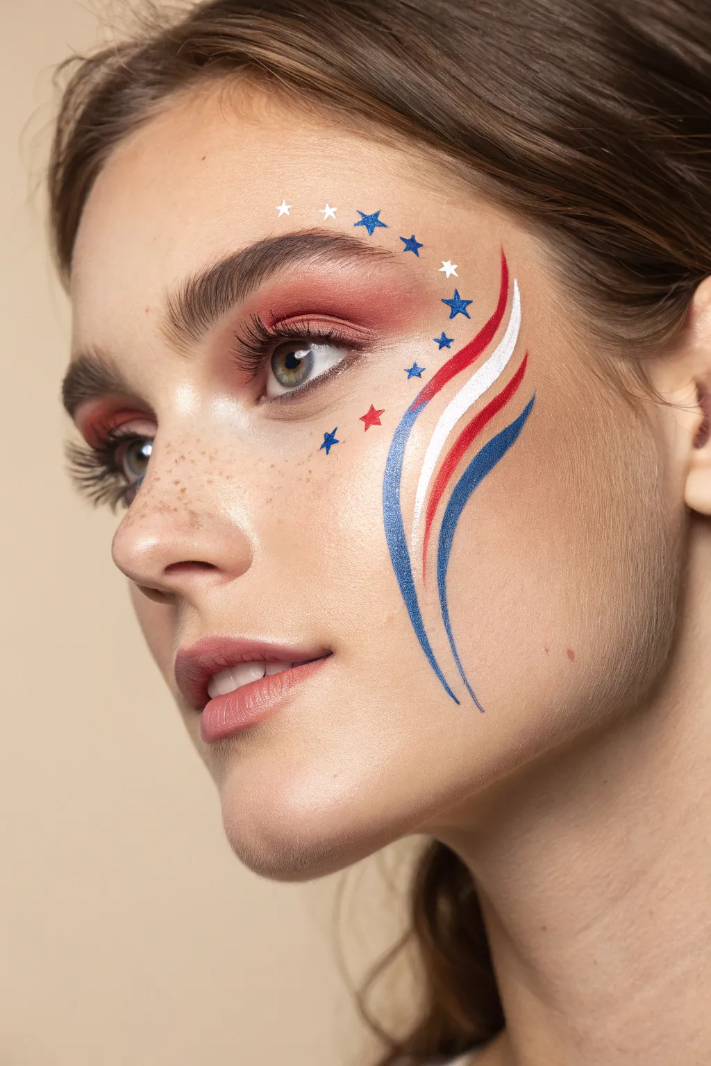 Easy 4th of July face paint: ribbon swooshes with teardrop accents in red, white, and blue.