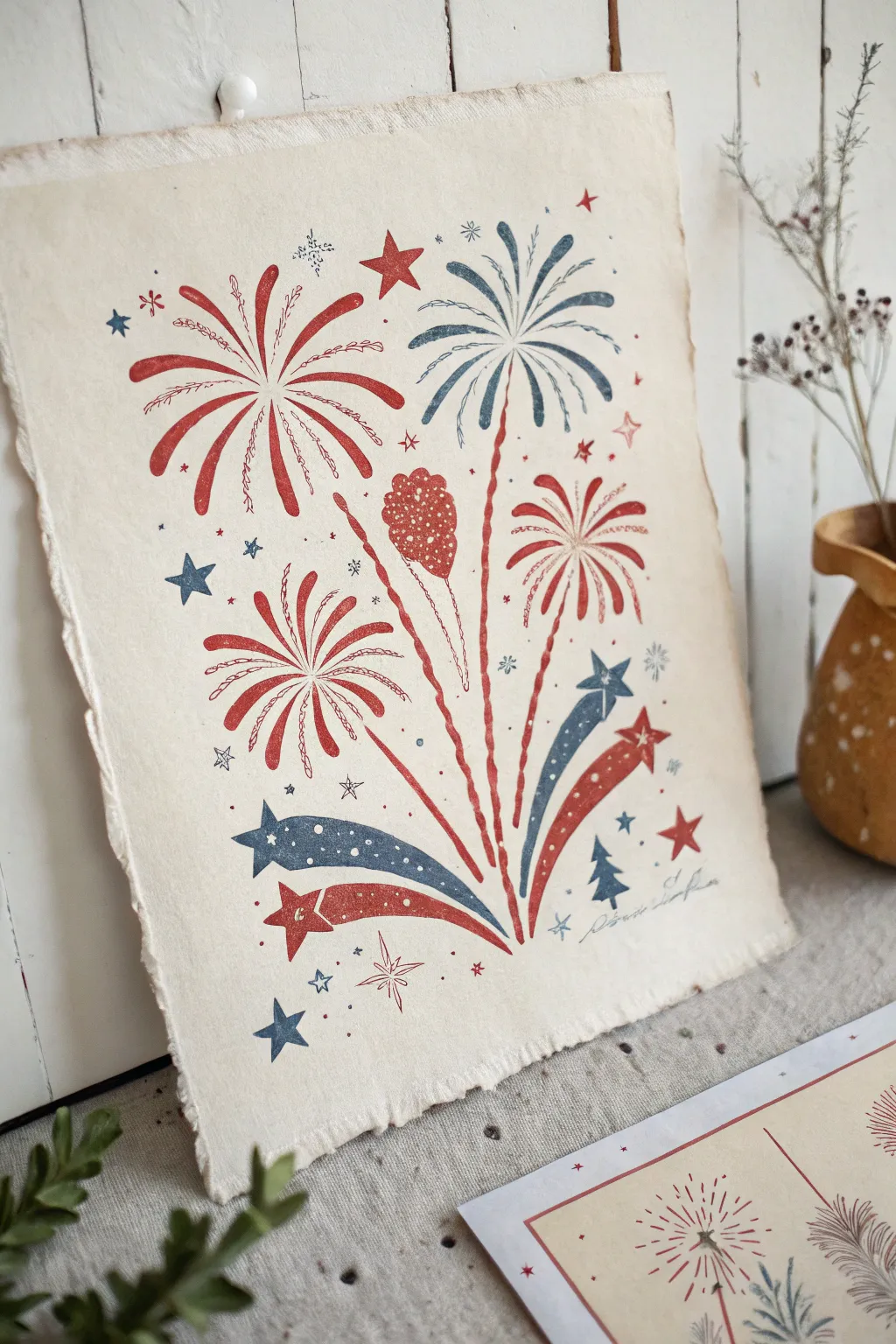 Vintage firecracker poster painting in red, white, and blue, minimalist boho 4th of July decor
