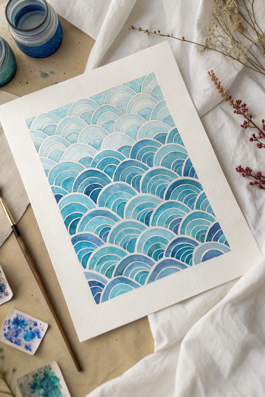 Easy repeating ocean wave pattern in two blues, clean and calming watercolor practice