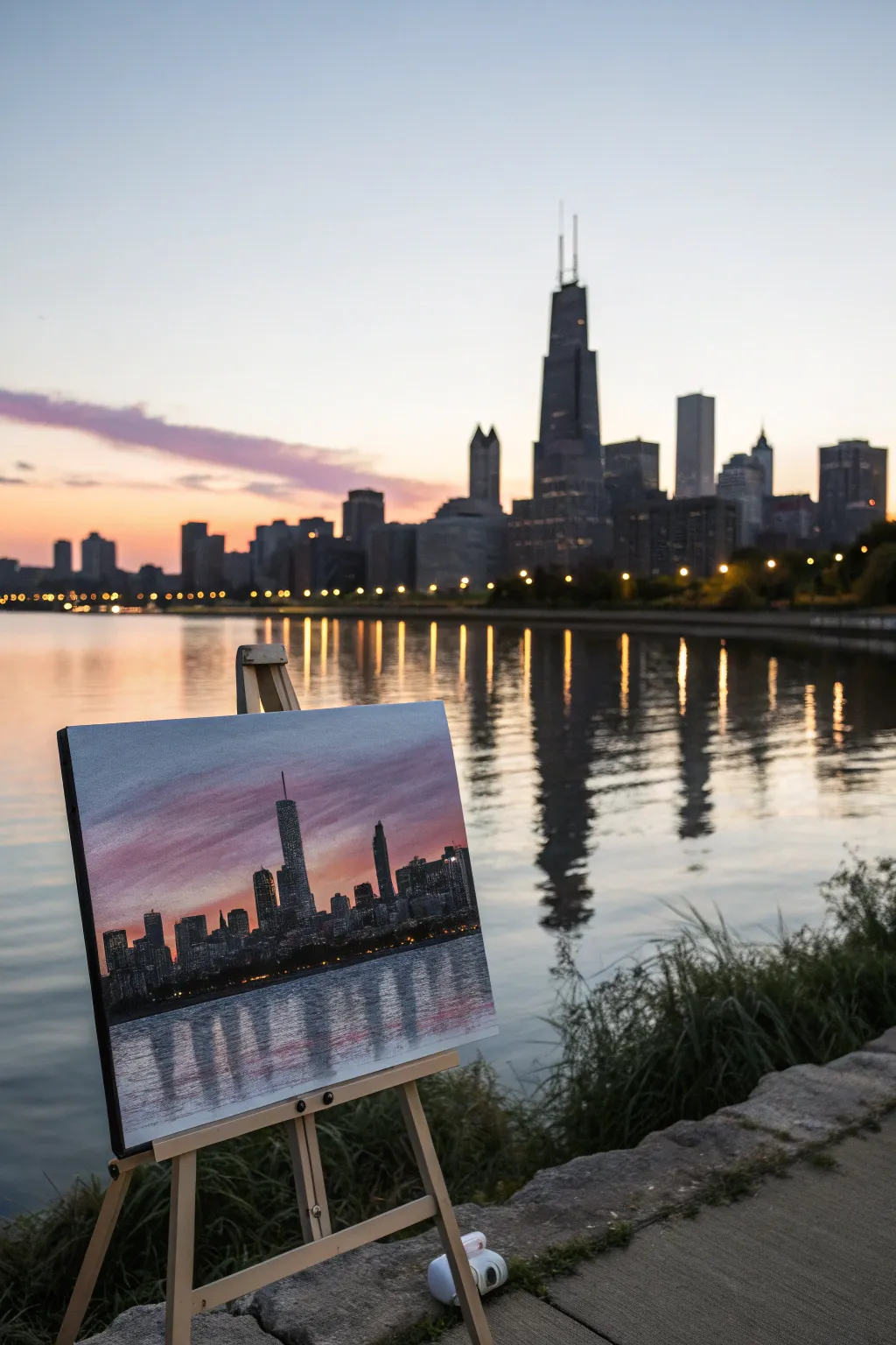 Paint a minimalist city skyline with dreamy water reflections and a soft gradient sky.