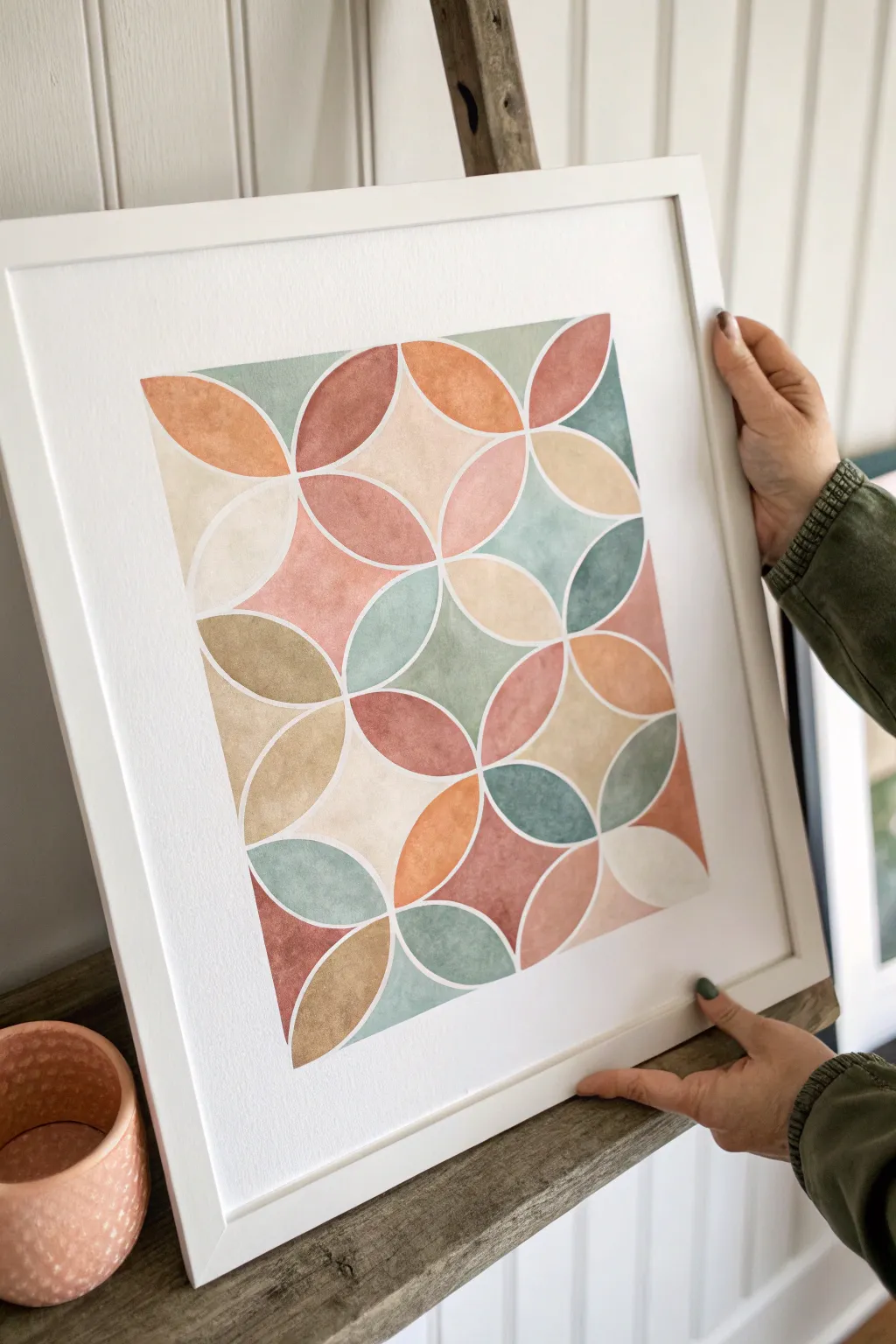 Overlapping translucent circles with soft halos for a calm, modern abstract painting idea