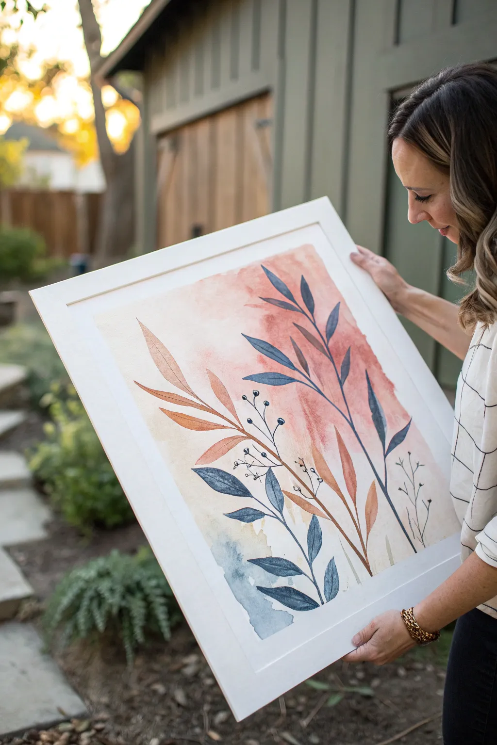 Loose abstract botanical stems in unexpected hues over a soft wash, minimalist boho contrast