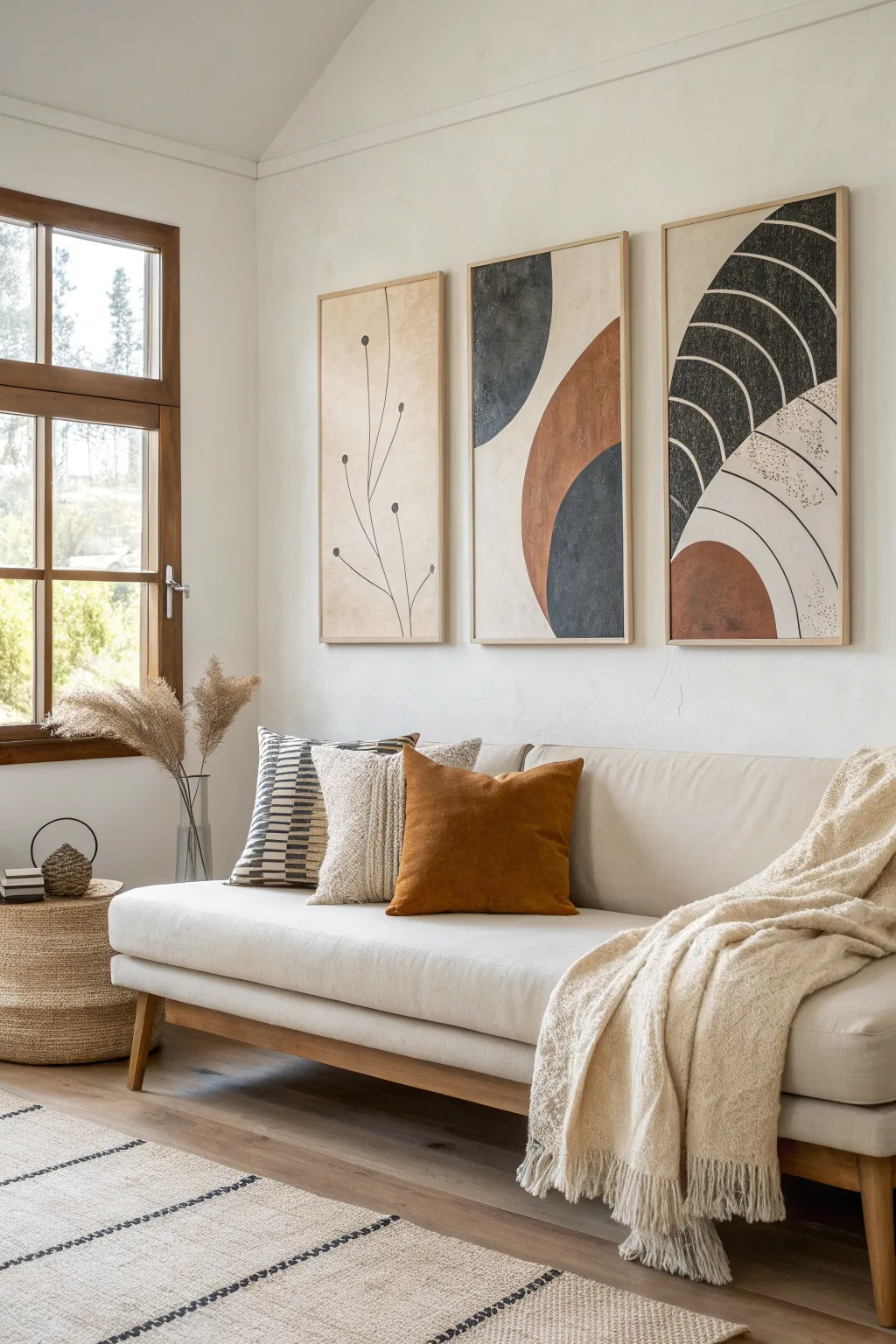 A cohesive abstract triptych above the sofa makes the living room feel larger and complete.