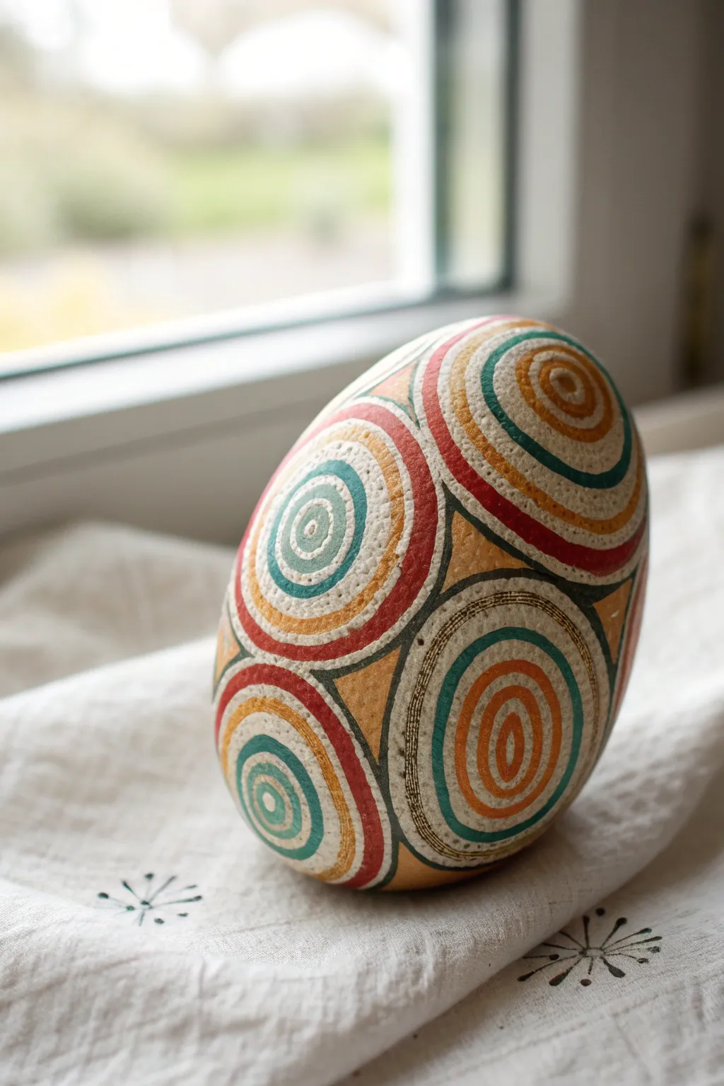 Crisp concentric ripples in bold color on an oval rock for a serene boho-minimal look.