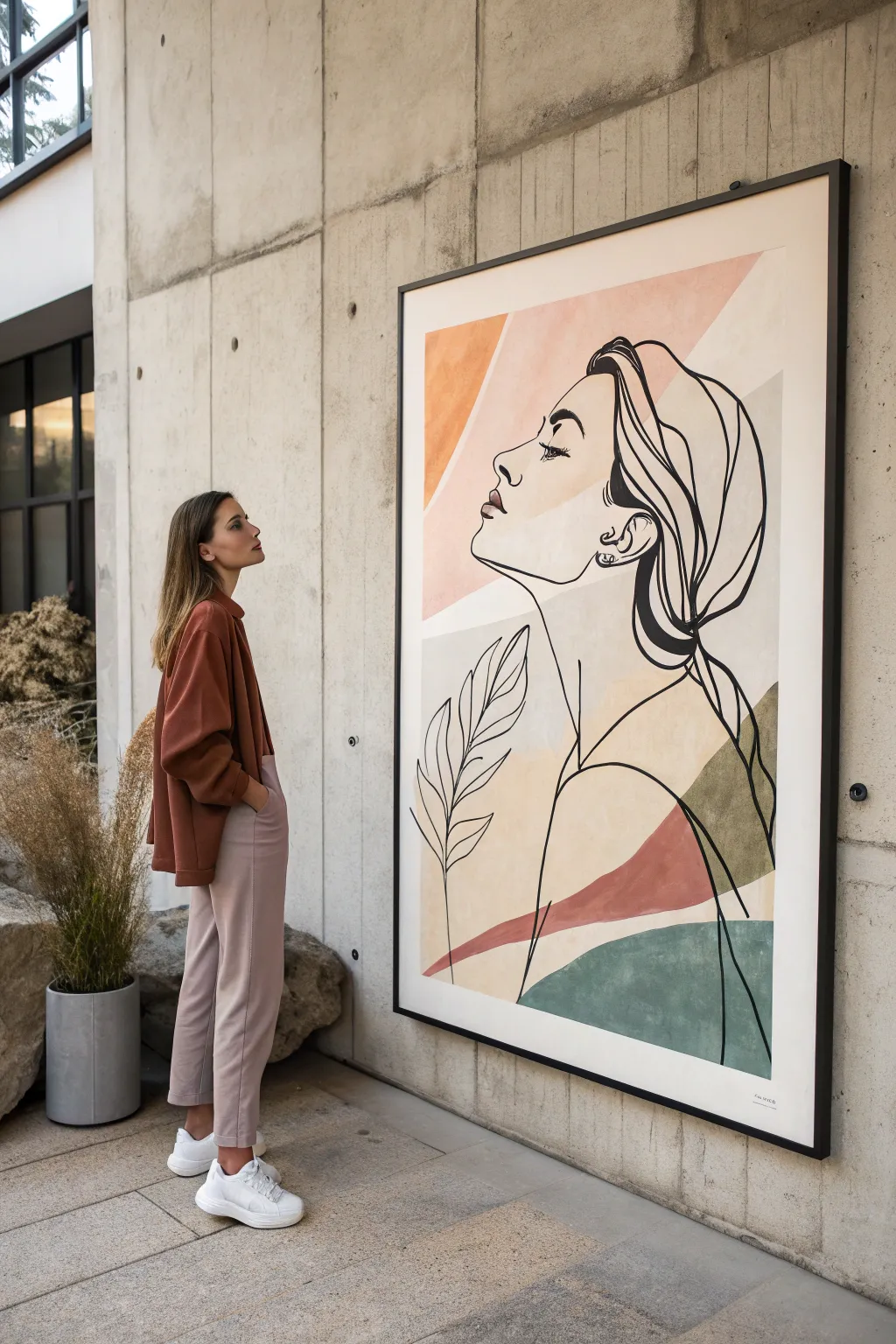 Crisp line art figure floating over soft boho color fields for a modern minimalist wall