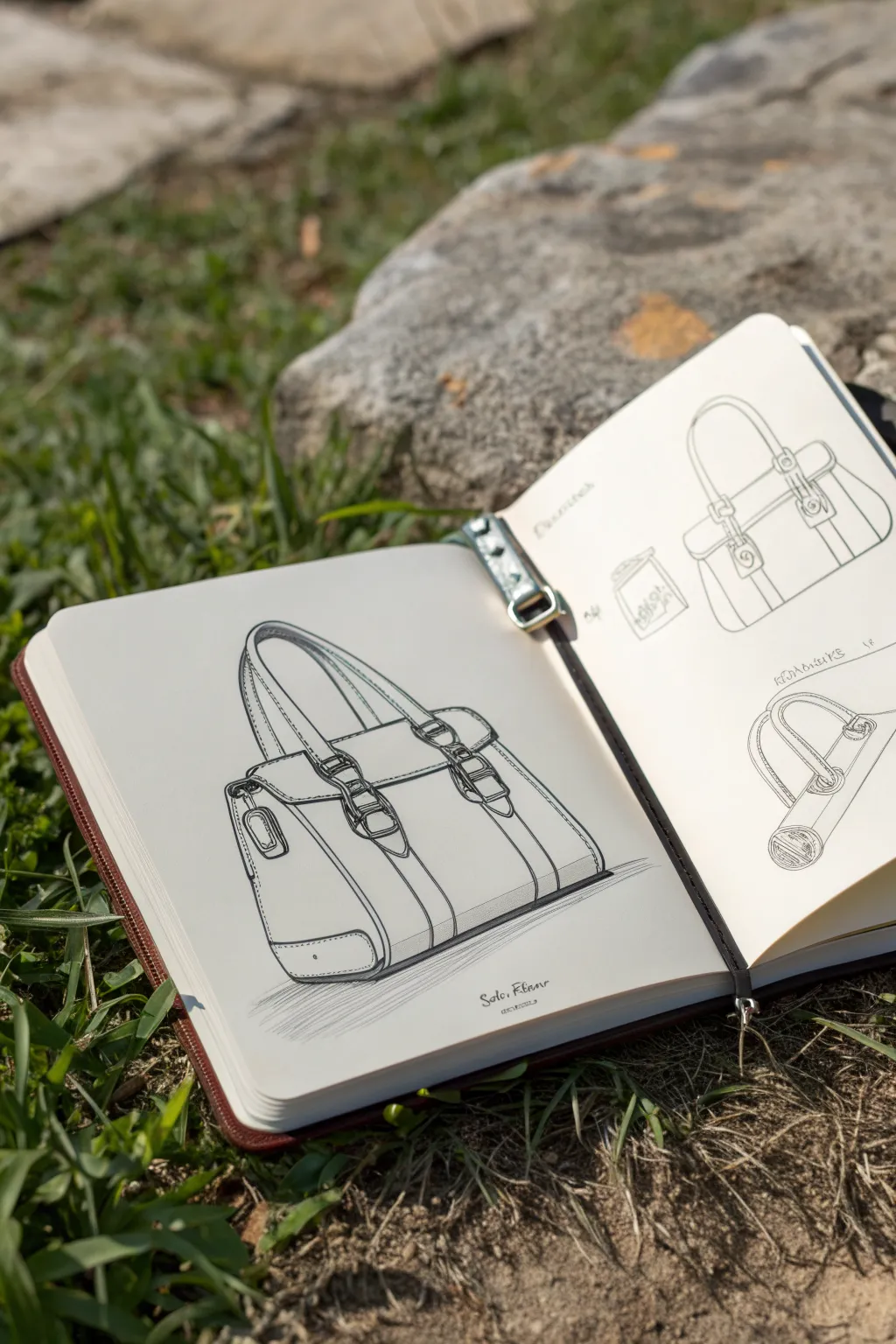 Sketchbook bag turnaround with three angles plus closure thumbnails to study structure and details